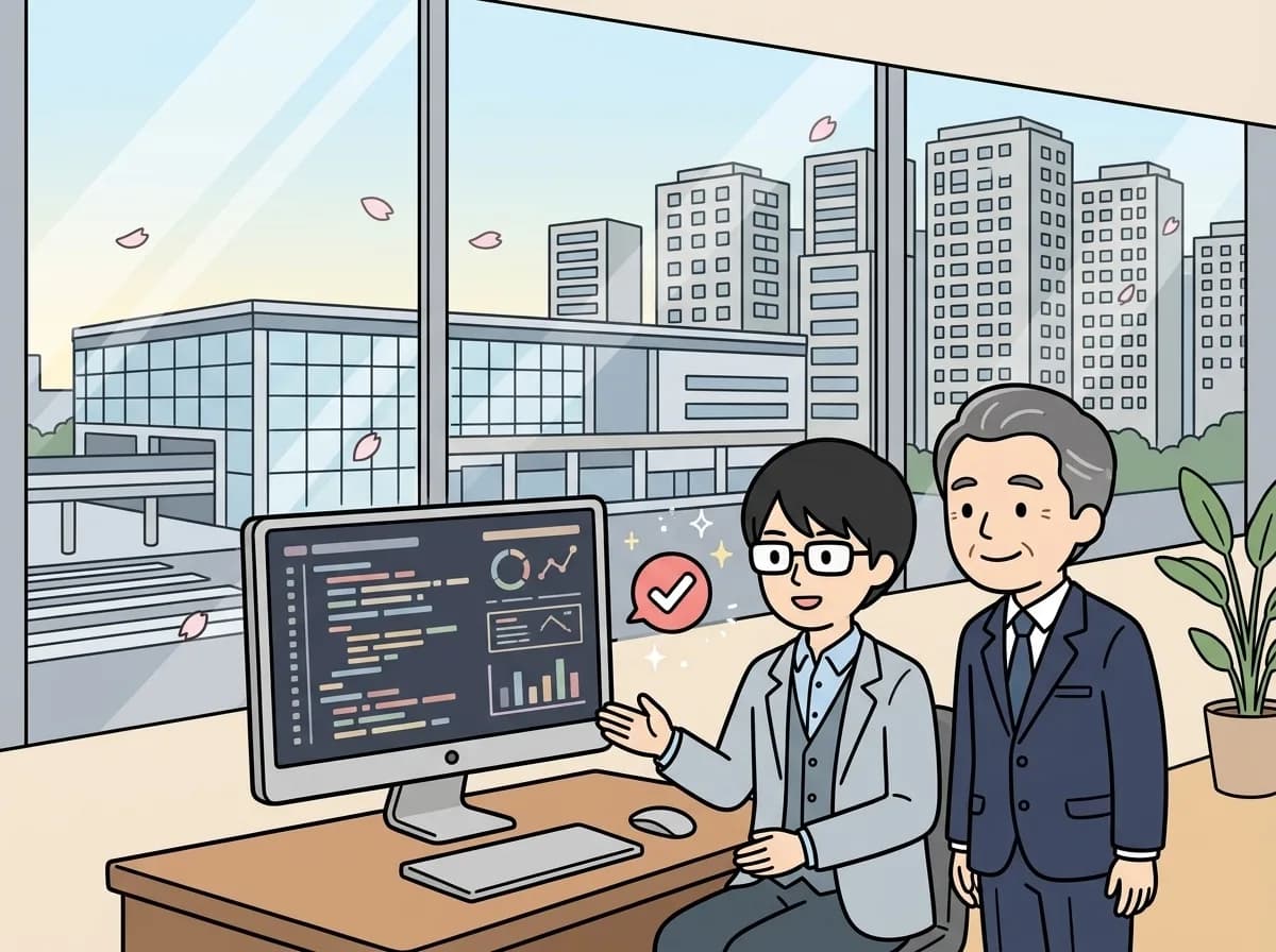 モニターの前で担当者がお客様に説明し、お客様が安心した表情を見せている様子を表すイラスト