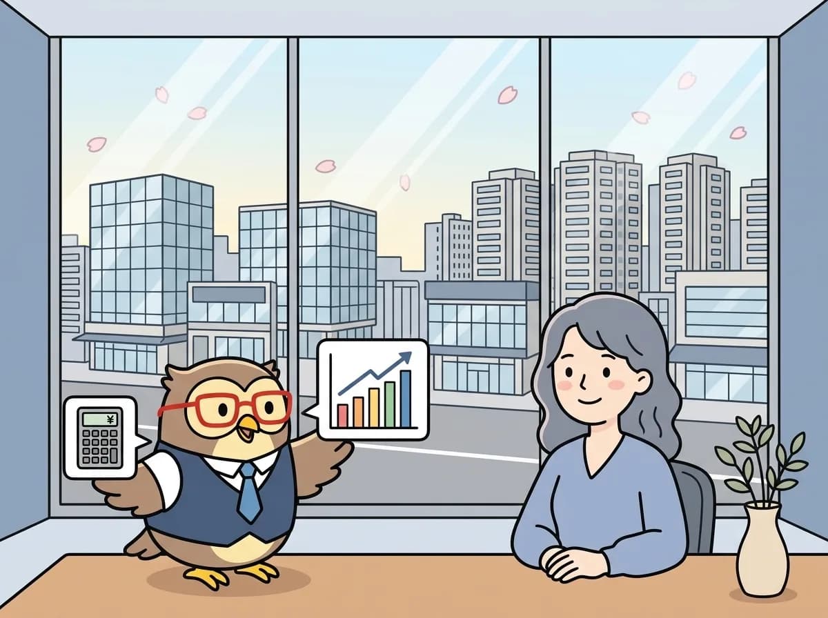 電卓と棒グラフのアイコンをお客様に見せ、お客様が納得した笑顔を見せている様子を表すイラスト