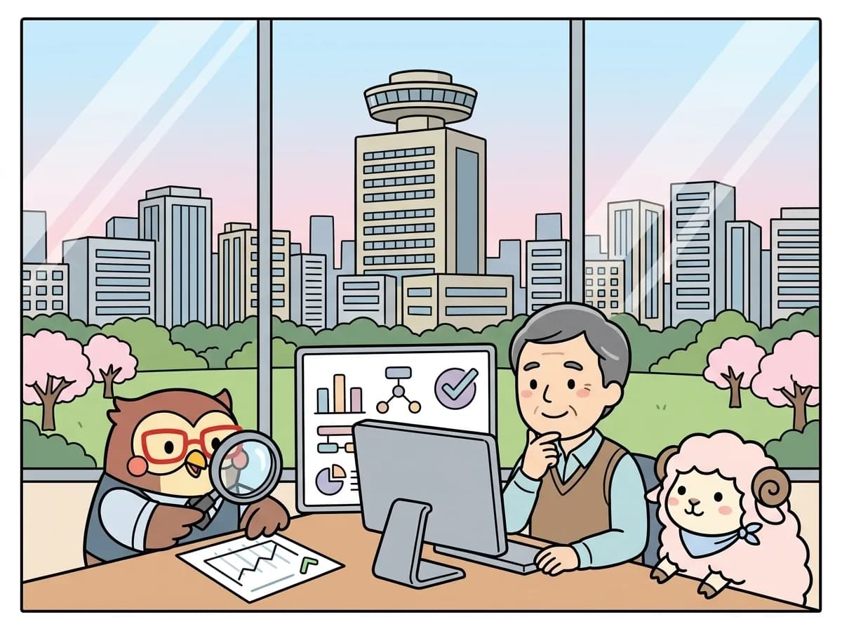 資料と画面を見ながらAIの回答品質を確認するイラスト