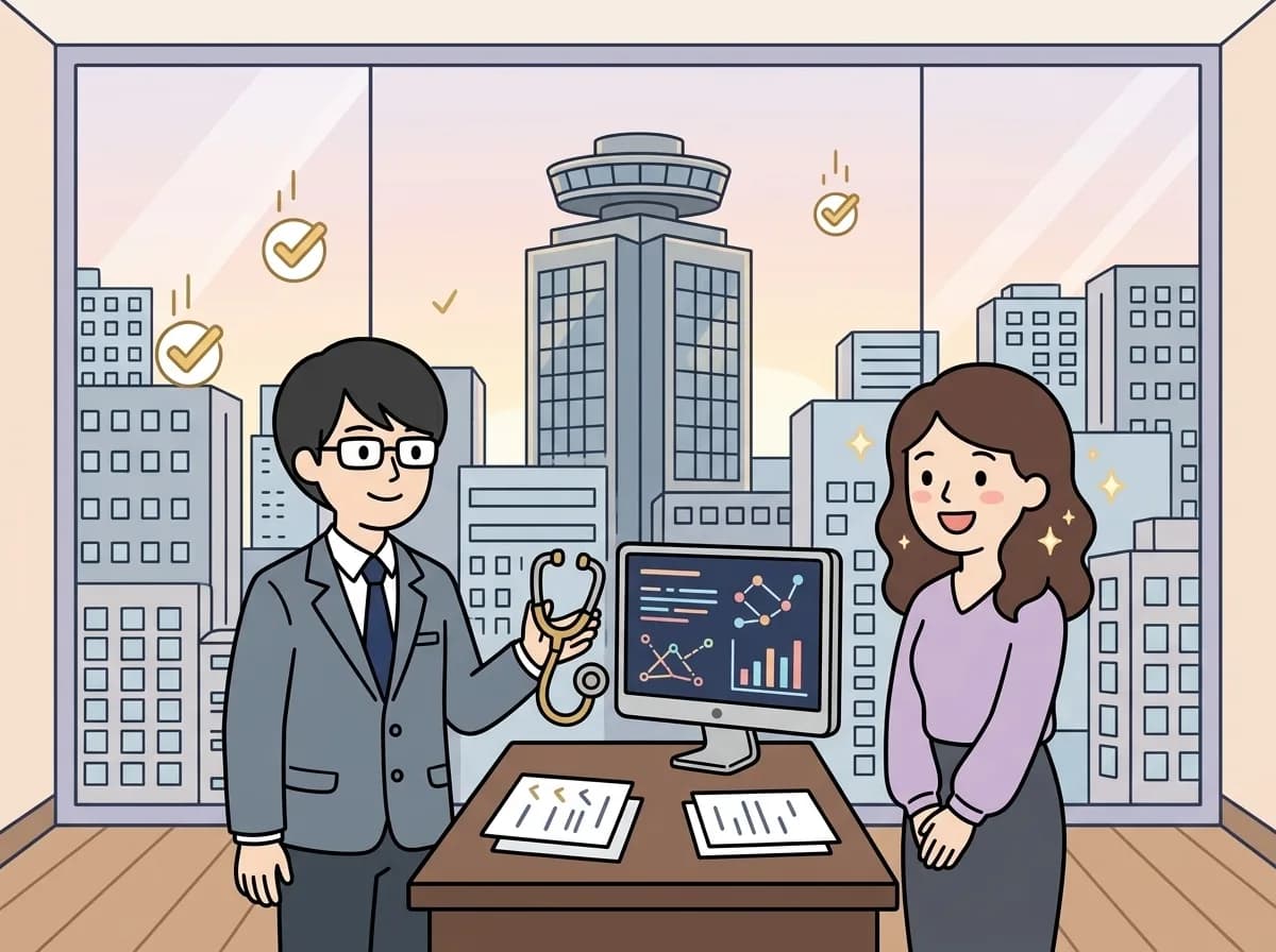 聴診器のようなアイコンを持つ担当者と、ほっとした表情を見せるお客様の様子を表すイラスト