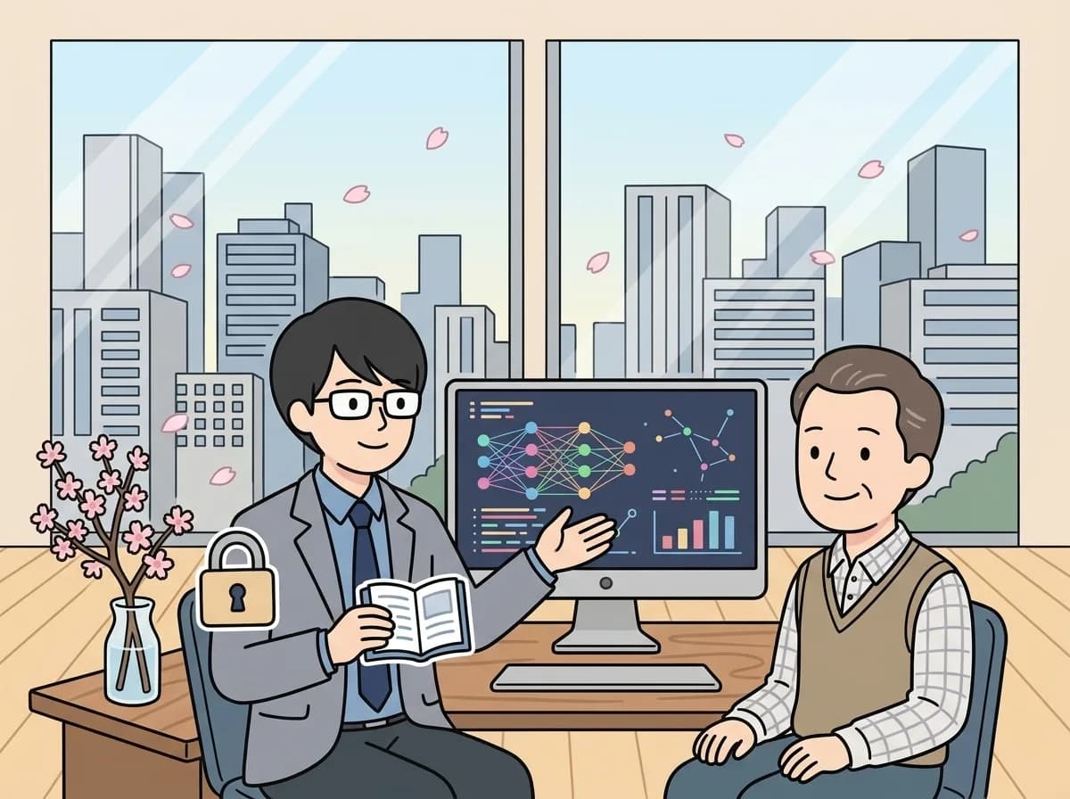 鍵のアイコンと記録紙のアイコンを見せながら担当者がお客様に説明し、お客様が安心した表情を見せている様子を表すイラスト