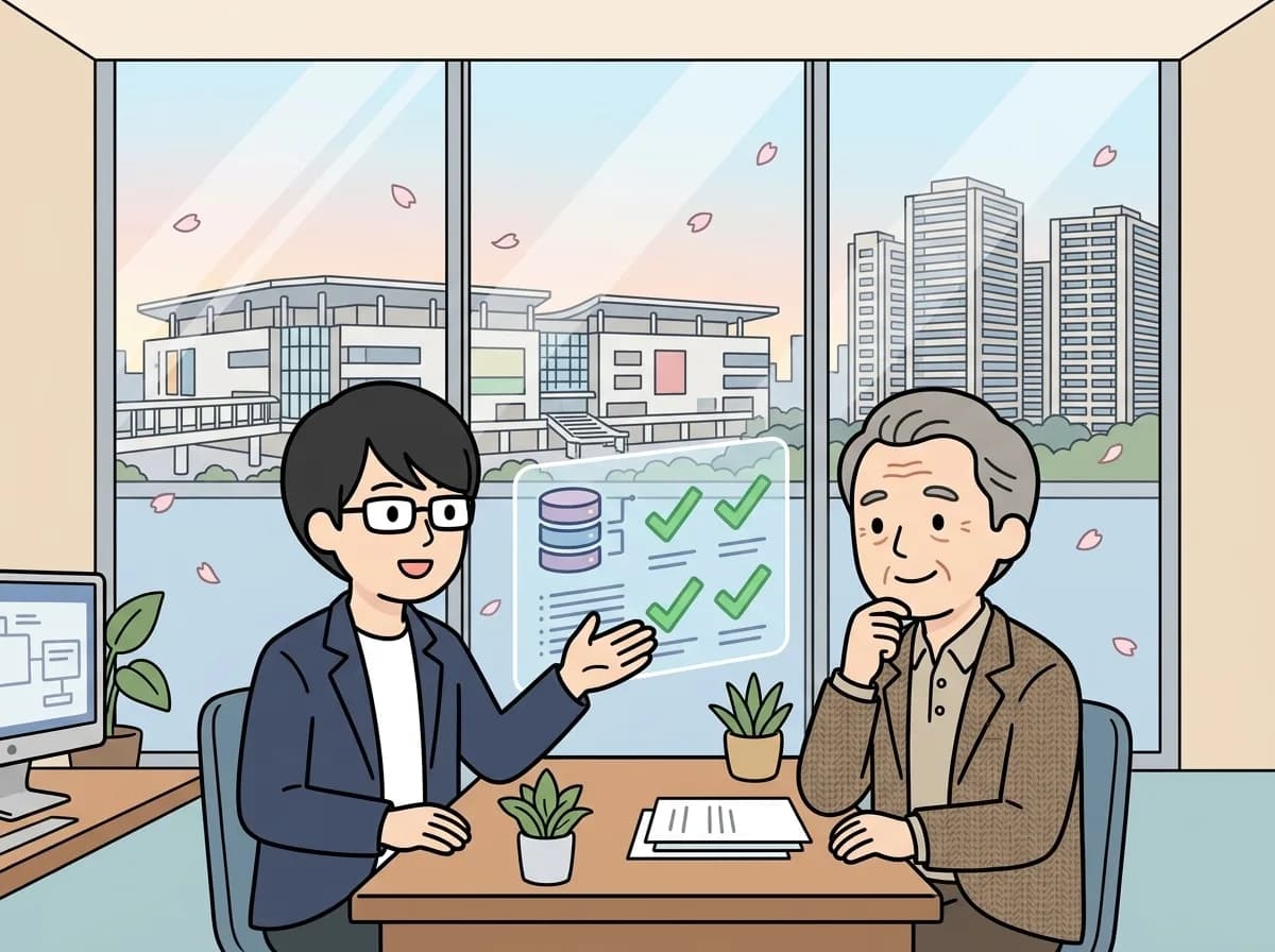 チェックマークとデータベースのアイコンを見せながら担当者がお客様に説明している様子のイラスト