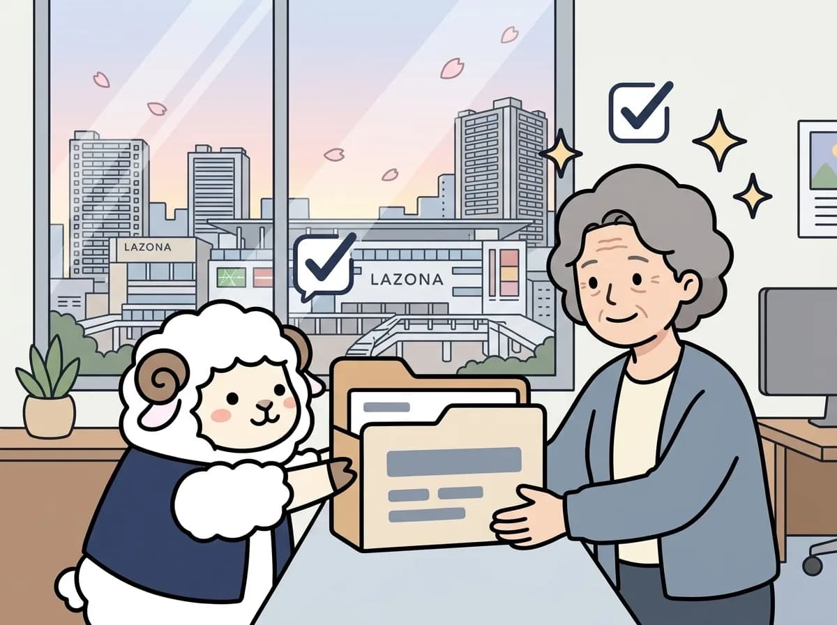 フォルダアイコンの箱をお客様に手渡している様子のイラスト