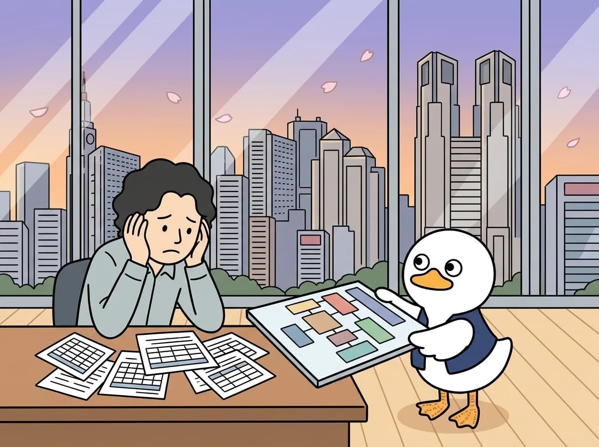 Excel管理の限界を見極める｜数式・マクロ・原本から始めるシステム移行のイメージイラスト：Excel管理の限界はファイル数だけでは判断できません。誰が原本を更新し、どの数式・マクロが業務判断を担い、誤りをどう検出しているかを調べると、運用改善とシステム化の境界を決められます。