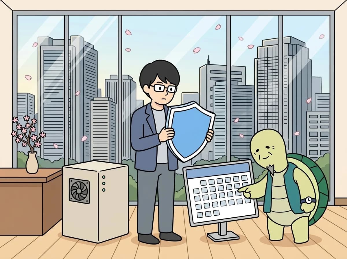 古いシステムのセキュリティを見直す｜サポート期限・依存関係・復旧の確認のイメージイラスト：古いシステムは、稼働していることと安全に更新・復旧できることを分けて確認します。OSやデータベースのサポート状況、公開範囲、管理者、バックアップを棚卸しし、延命と移行の優先順位を決めます。