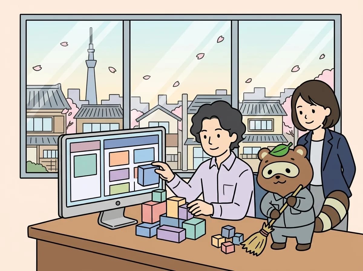 ノーコード・ローコードの選び方｜承認・同時更新・移行を先に確認するのイメージイラスト：ノーコードやローコードは、標準機能が業務に合うかを小さく試して選びます。画面の作りやすさだけでなく、同時更新、権限、連携、データ出力、担当者交代への対応を確認します。