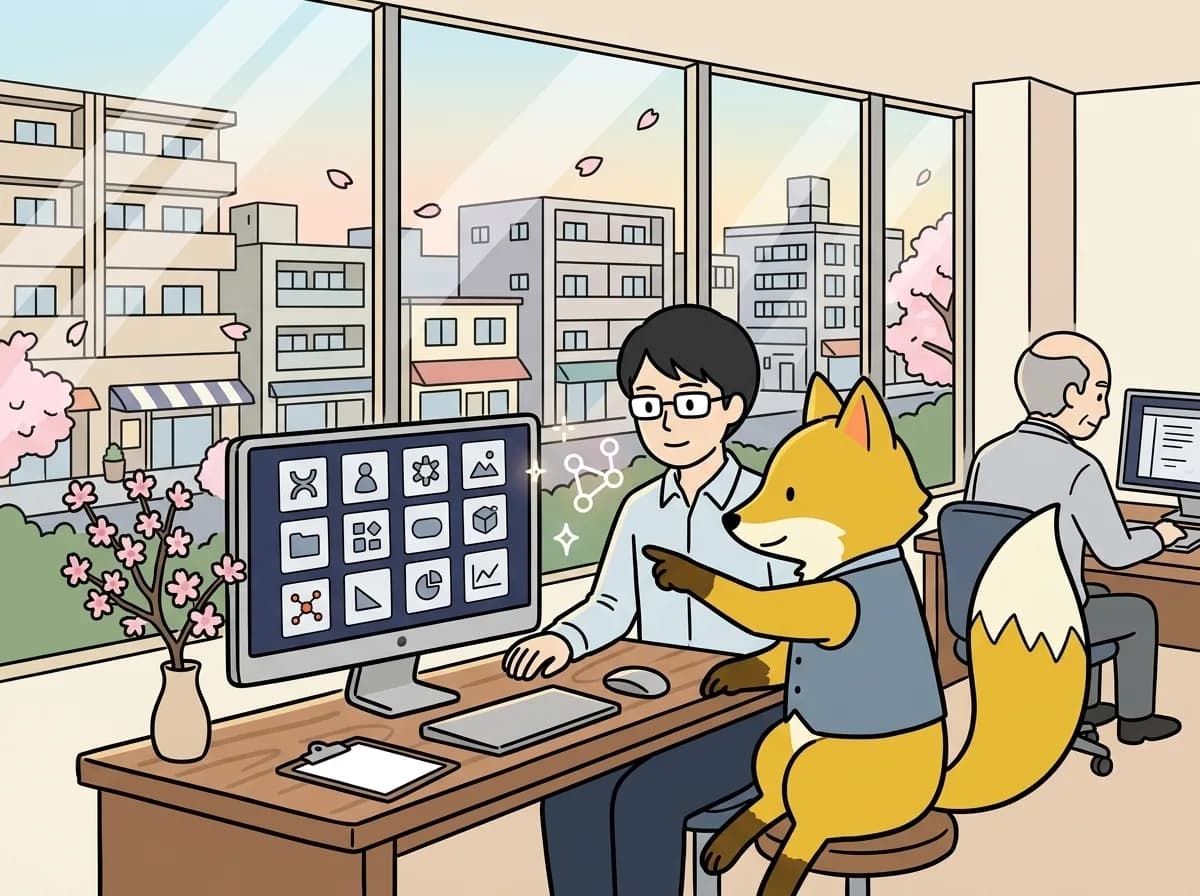 AIツールで始める「スモールDX」12選【2026年版・地域ビジネス向け】のイメージイラスト：「AIは大企業のもの」という時代は終わりました。無料または月額数千円で使えるAIツールを活用すれば、地域の中小企業でも今日から業務効率化を始められます。本記事では、会議・問い合わせ・資料作成・データ分析の4領域で使える実践的なAIツール12選を、導入のコツとともにご紹介します。
