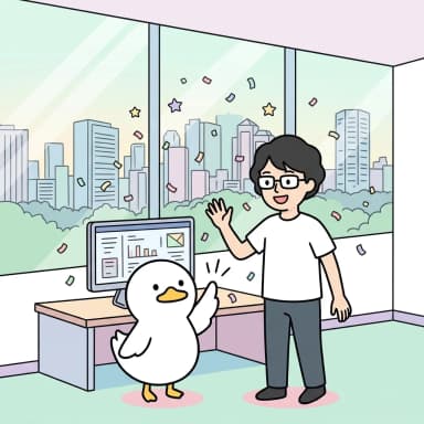ぜっとりくんとハイタッチして小さな成功を喜び合う様子のイラスト