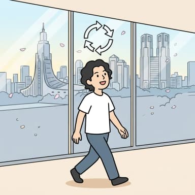 循環する矢印とともに前を向いて歩き出す様子のイラスト