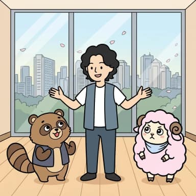 たぬきくんとひつじを鼓舞している様子のイラスト