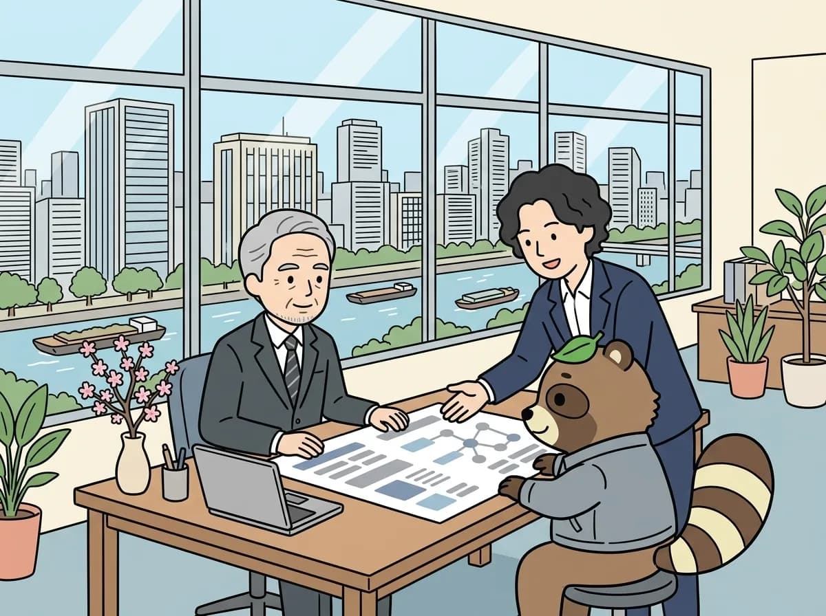 「事業会社とのDX共同企画」のイメージイラスト：IT以外の業種の事業者様と、現場の課題からDXの企画を一緒に考えます。