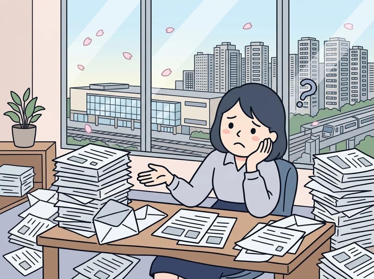 山積みの書類と溢れる封筒に囲まれ疲れ切っている人物のイラスト