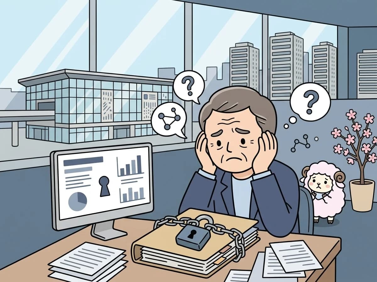 鍵のかかった書類フォルダを前に不安げな表情をしている人物のイラスト