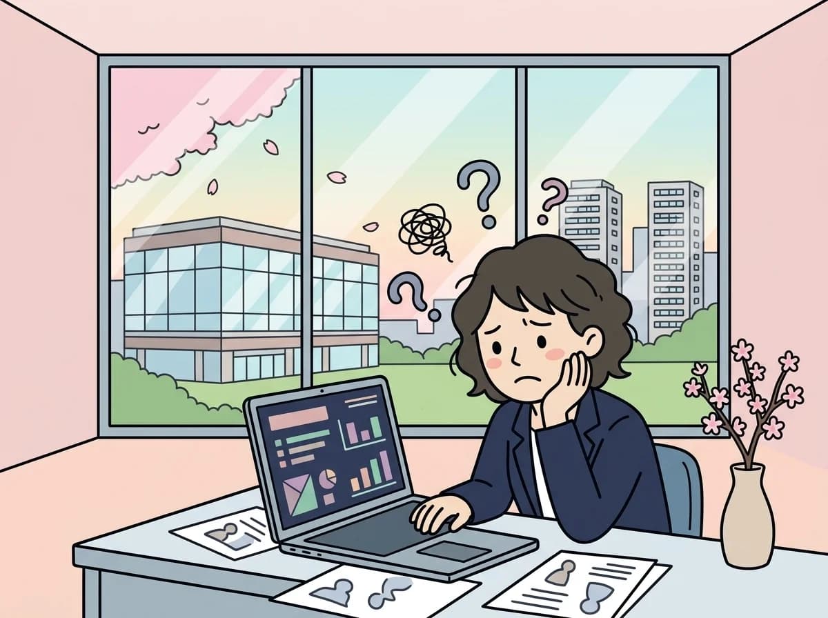 ノートPCの前で頬杖をつき自信なさげな表情をしている人物のイラスト