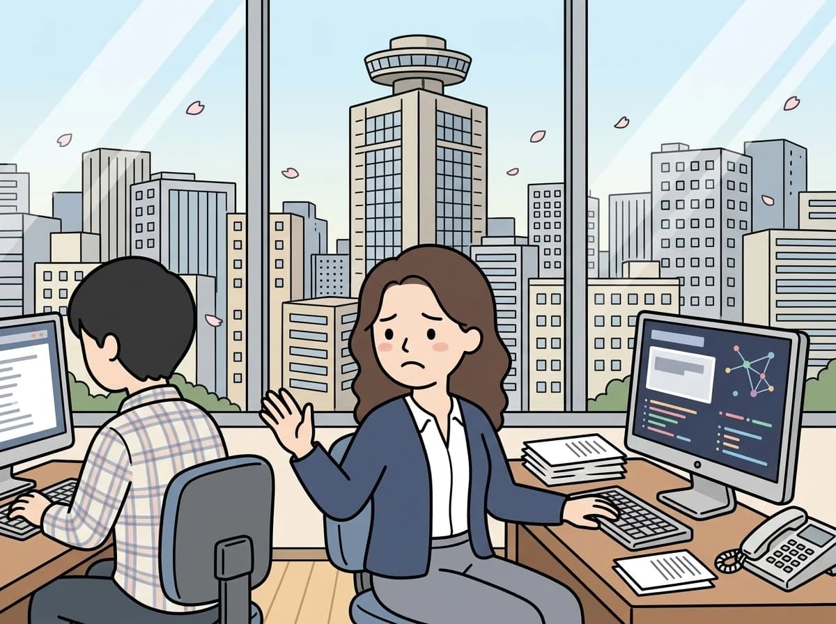 隣のデスクの人に尋ねようと困った表情で振り返っている人物のイラスト