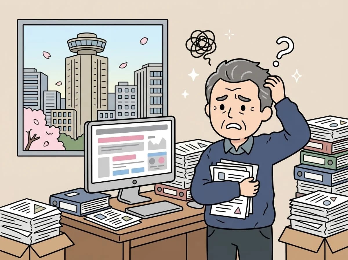 あちこちに散らばった書類やフォルダの山の中で困惑した表情で探し物をしている人物のイラスト