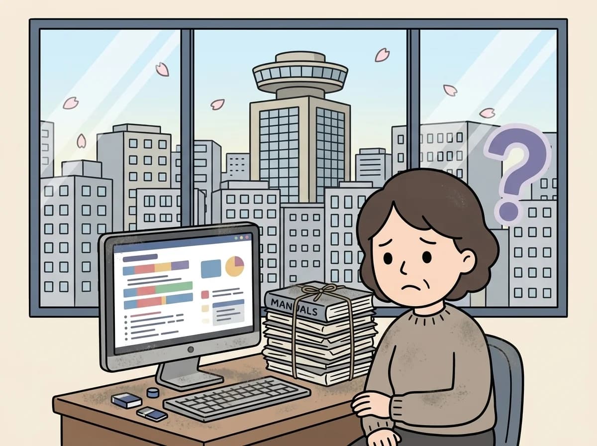 埃をかぶったモニター画面を前に寂しげな表情をしている人物のイラスト