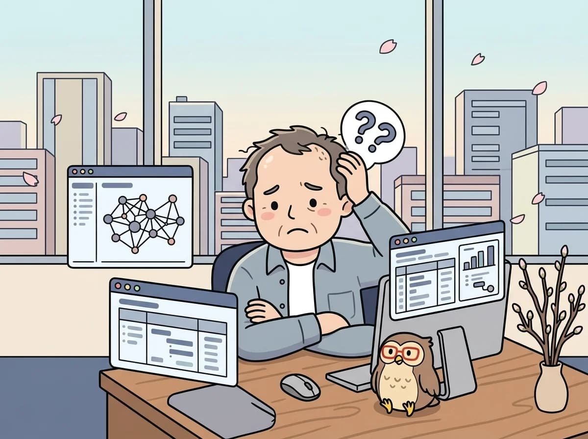 複数のバラバラなシステム画面を前に、繋げ方が分からず困っている人物のイラスト
