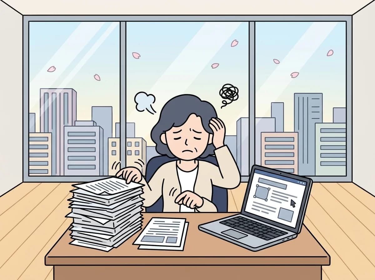 書類とノートPCの間でコピー&ペーストを繰り返し疲れている人物のイラスト