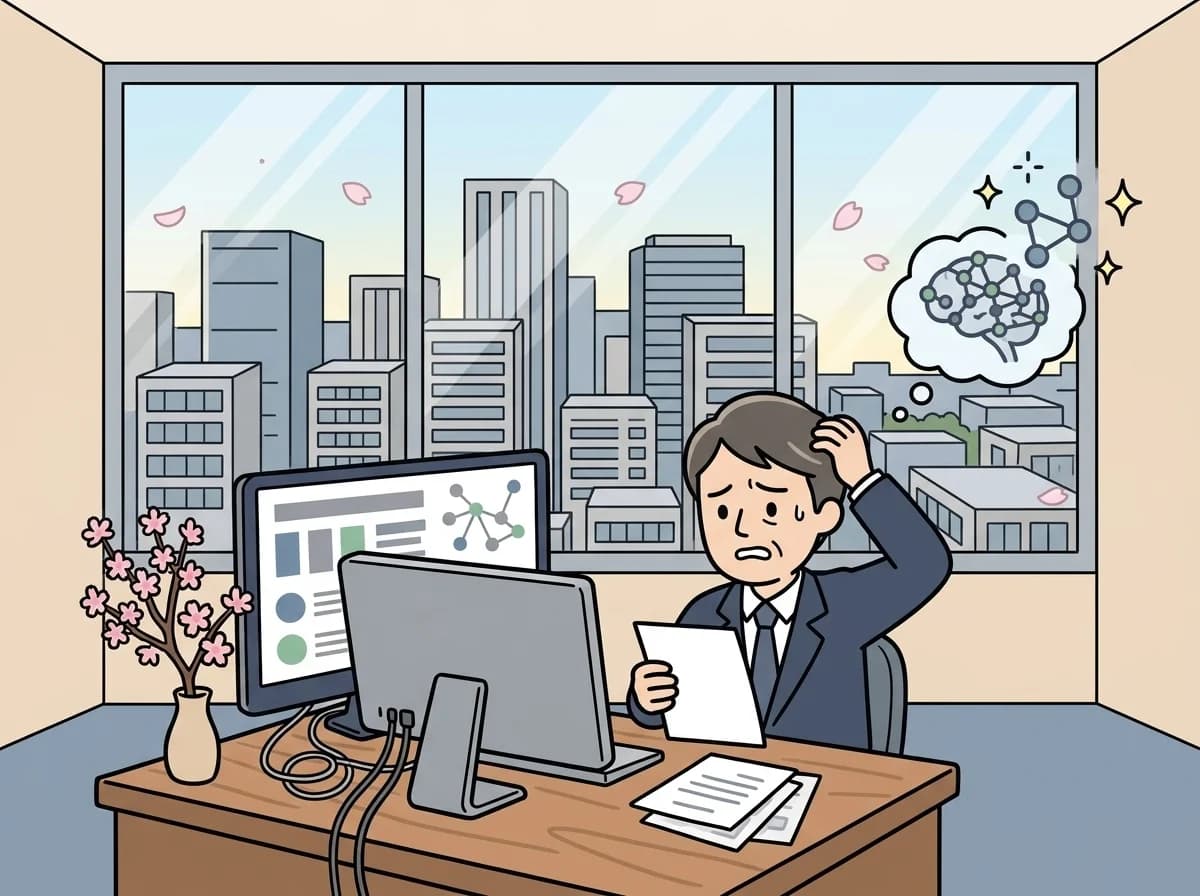 取引先からの依頼書を前に困った表情をしている人物のイラスト