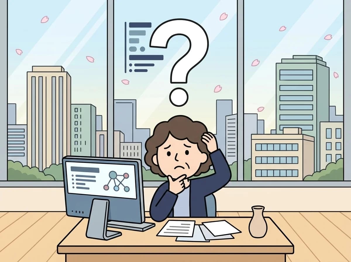 宙に浮かぶ大きなはてなマークを見上げて困惑している人物のイラスト