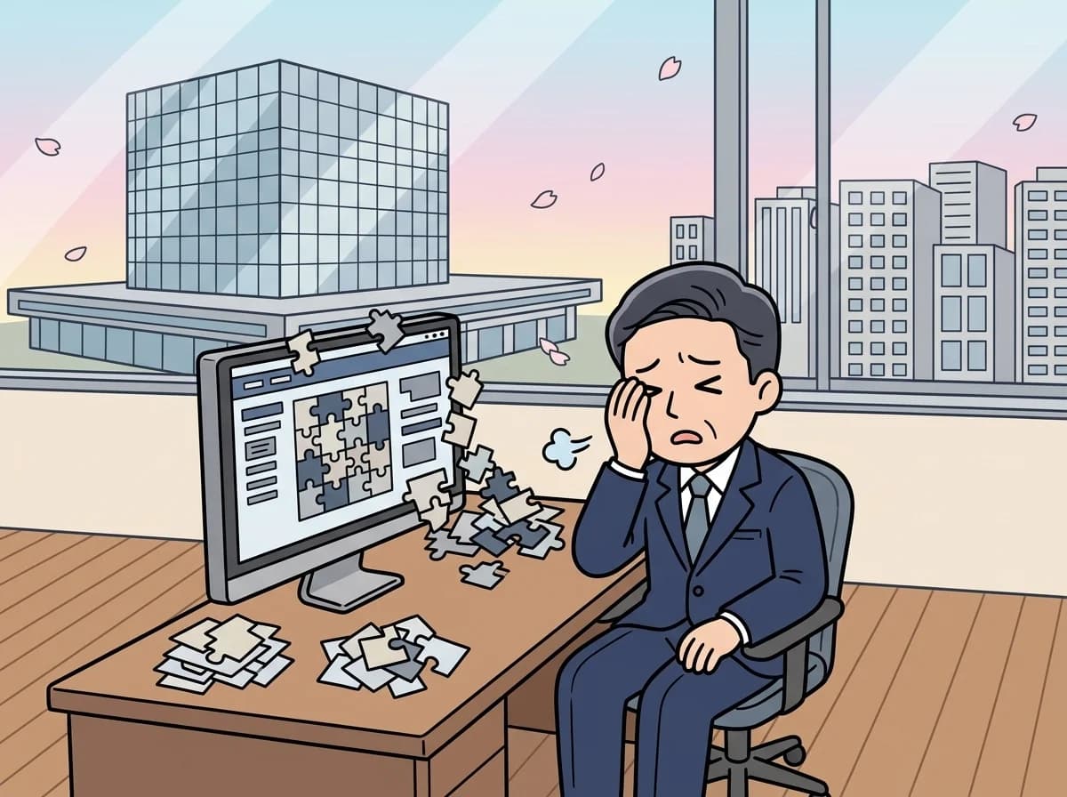 パズルのピースが合わずはみ出している画面を前に困った表情でため息をついている人物のイラスト