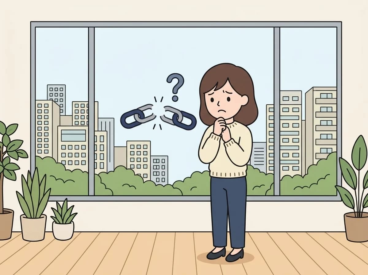 繋がらない鎖の輪のようなアイコンを前に困惑した表情で立ち尽くしている人物のイラスト