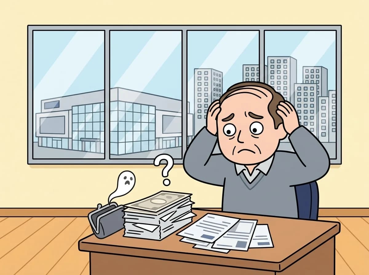 積み上がっていく請求書の束を前に頭を抱えている人物のイラスト