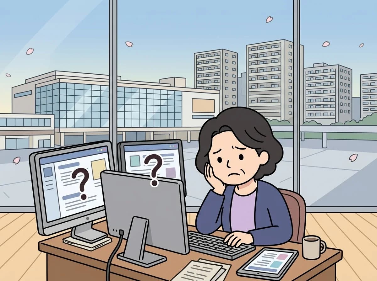 複数のバラバラな画面に同じ内容を何度も入力し疲れた表情をしている人物のイラスト