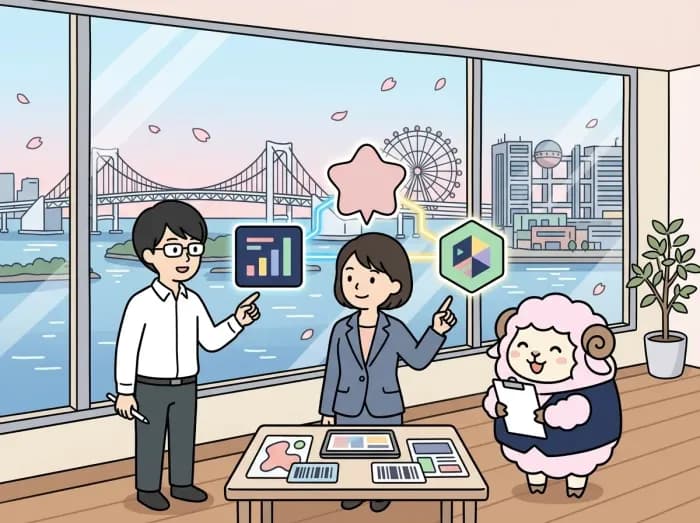 AIと業務システムの接続を検討するイラスト