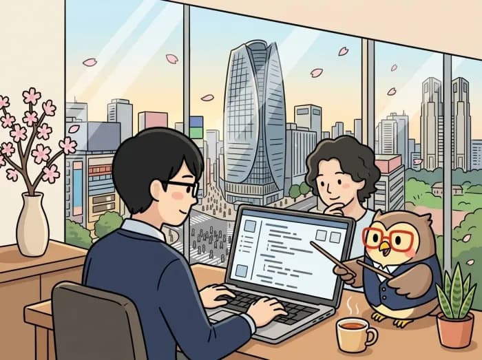 開発チームがコード画面を確認しながらAI活用を相談するイラスト