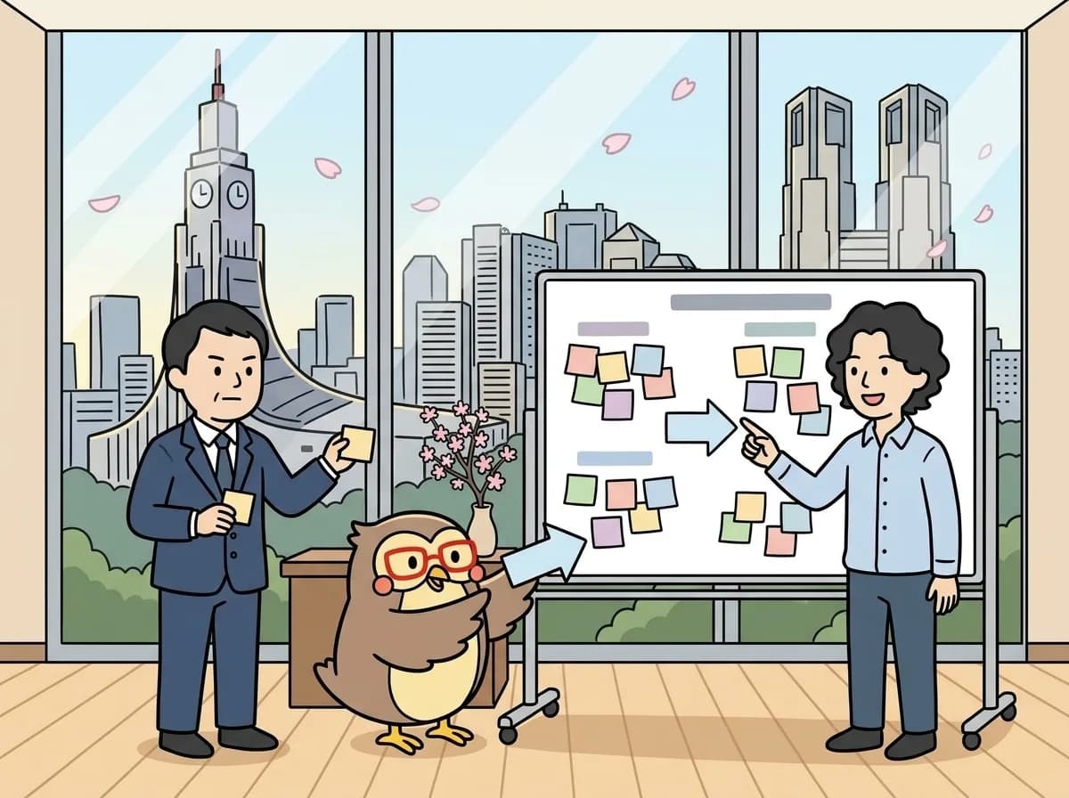 ばらばらの付箋を、まとまりに寄せて順番に並べながら課題を整理するイラスト