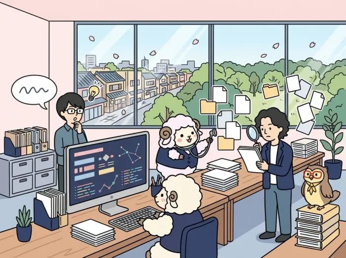 社内文書と検索画面を確認し、ナレッジを整理するイラスト