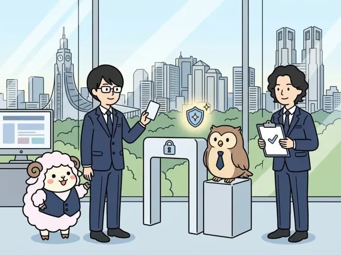 利用者の認証と権限を確認しながらシステムを接続するイラスト