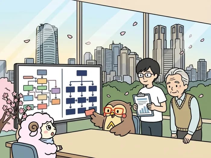 新旧の業務フローを比較し、AI基盤の移行を検討するイラスト