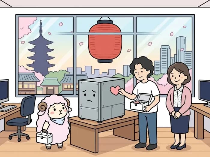 担当者がサーバーの状態を確認し、復旧と引き継ぎを支援するイラスト