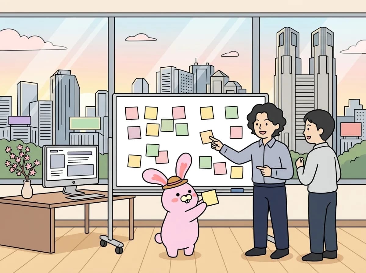 付箋が並ぶボードの前で、お客様と一緒に順番を入れ替えながら進め方を決めている様子を表すイラスト