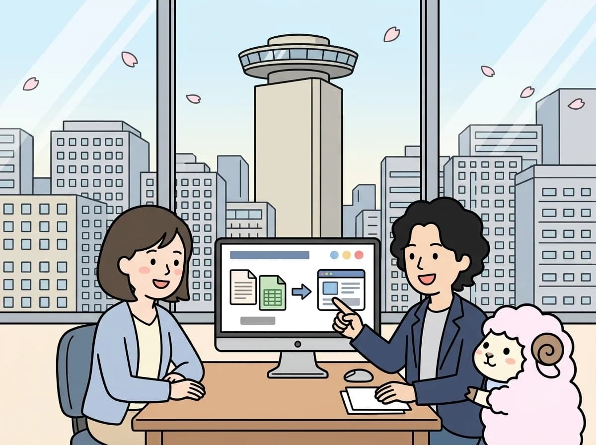 紙とExcelのアイコンからWebアプリのアイコンへ変わる画面を見せている様子を表すイラスト