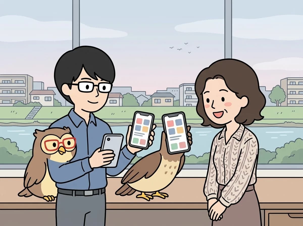 同じデザインの2つのスマートフォンを見せながらクロスプラットフォーム開発について説明している様子を表すイラスト
