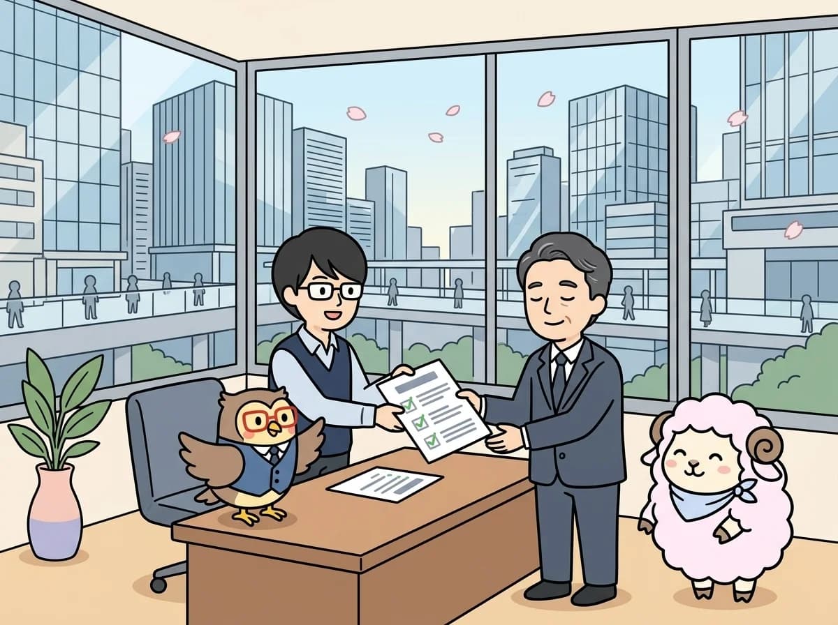 チェックマークと優先順位のリストが書かれた書類をお客様が安心した表情で受け取っている様子を表すイラスト
