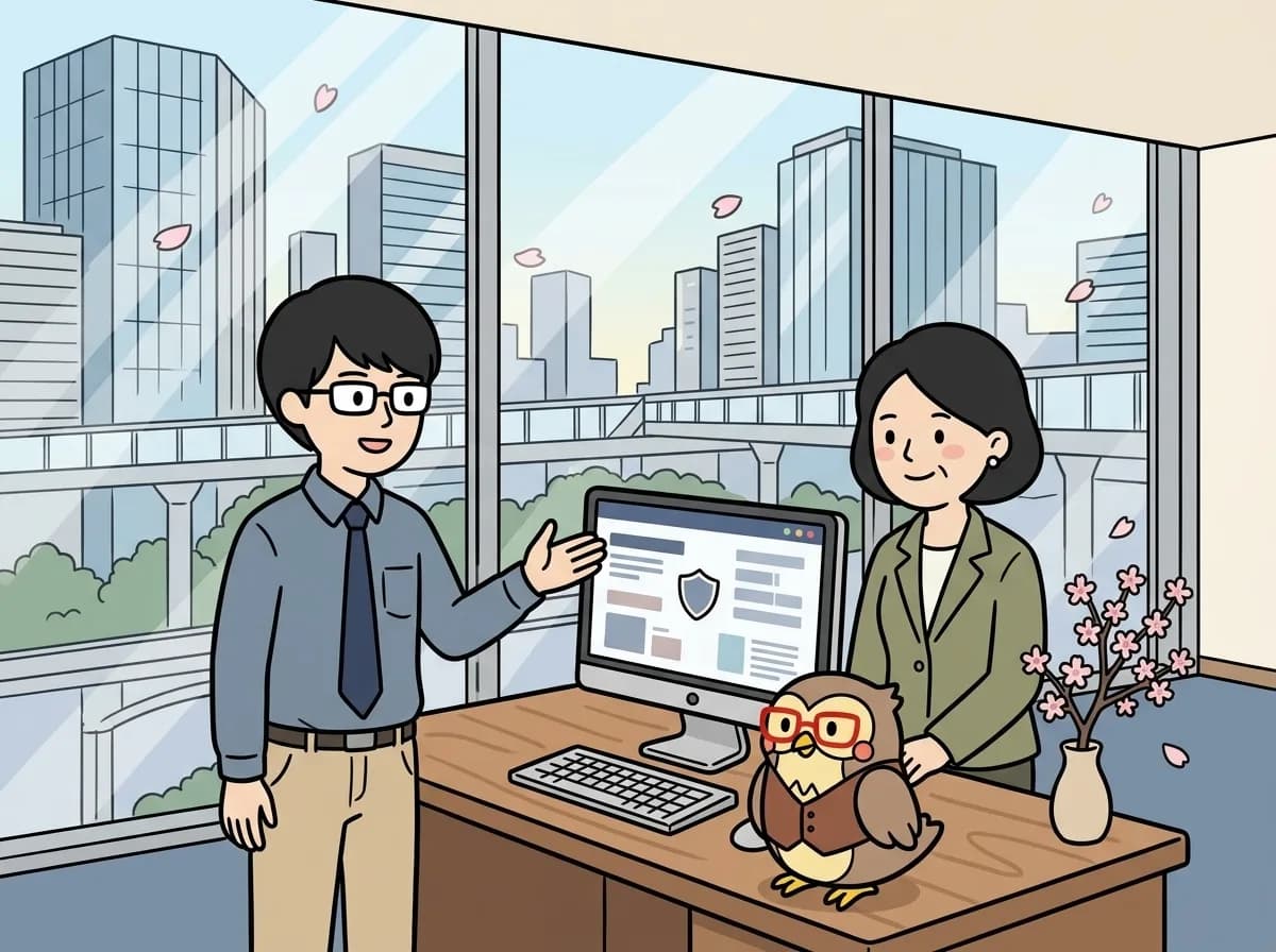 盾のアイコンを前にお客様が安心した表情でモニターを見ている様子を表すイラスト