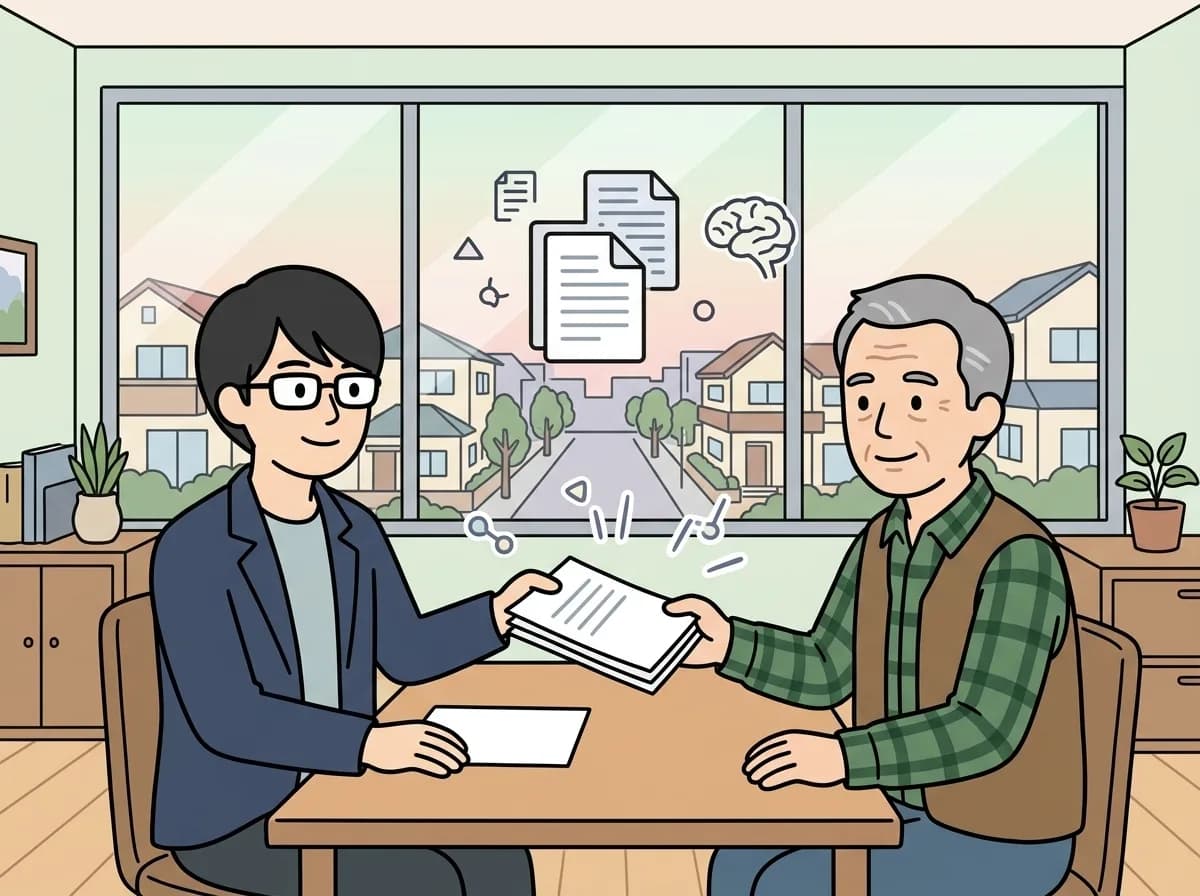 ドキュメントの束をお客様に手渡し、お客様が安心した表情で受け取っている様子を表すイラスト