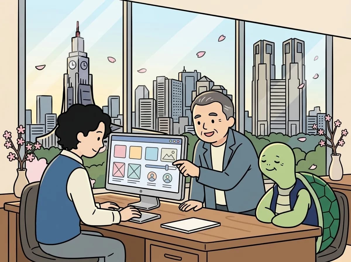 今あるアプリの設定を一緒に整え、肩の力が抜けた表情を見せている様子のイラスト