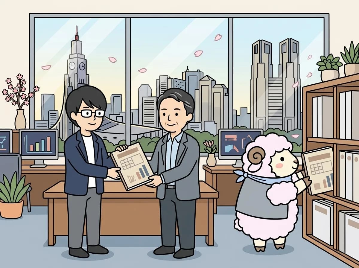 綴じた報告書を受け取り、穏やかな表情を見せている様子のイラスト
