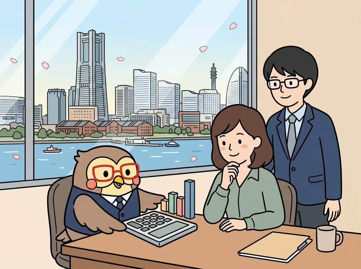 電卓と棒グラフのアイコンを見せ、お客様が納得した表情でうなずいている様子を表すイラスト