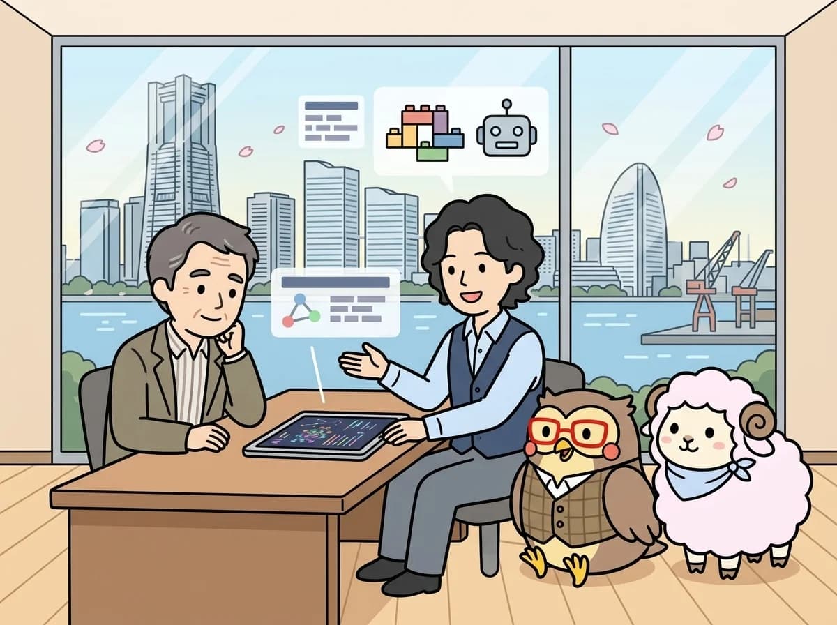 ロボットのアイコンと組み上がっていくブロックを見せながら説明し、お客様が期待に満ちた表情を見せている様子を表すイラスト