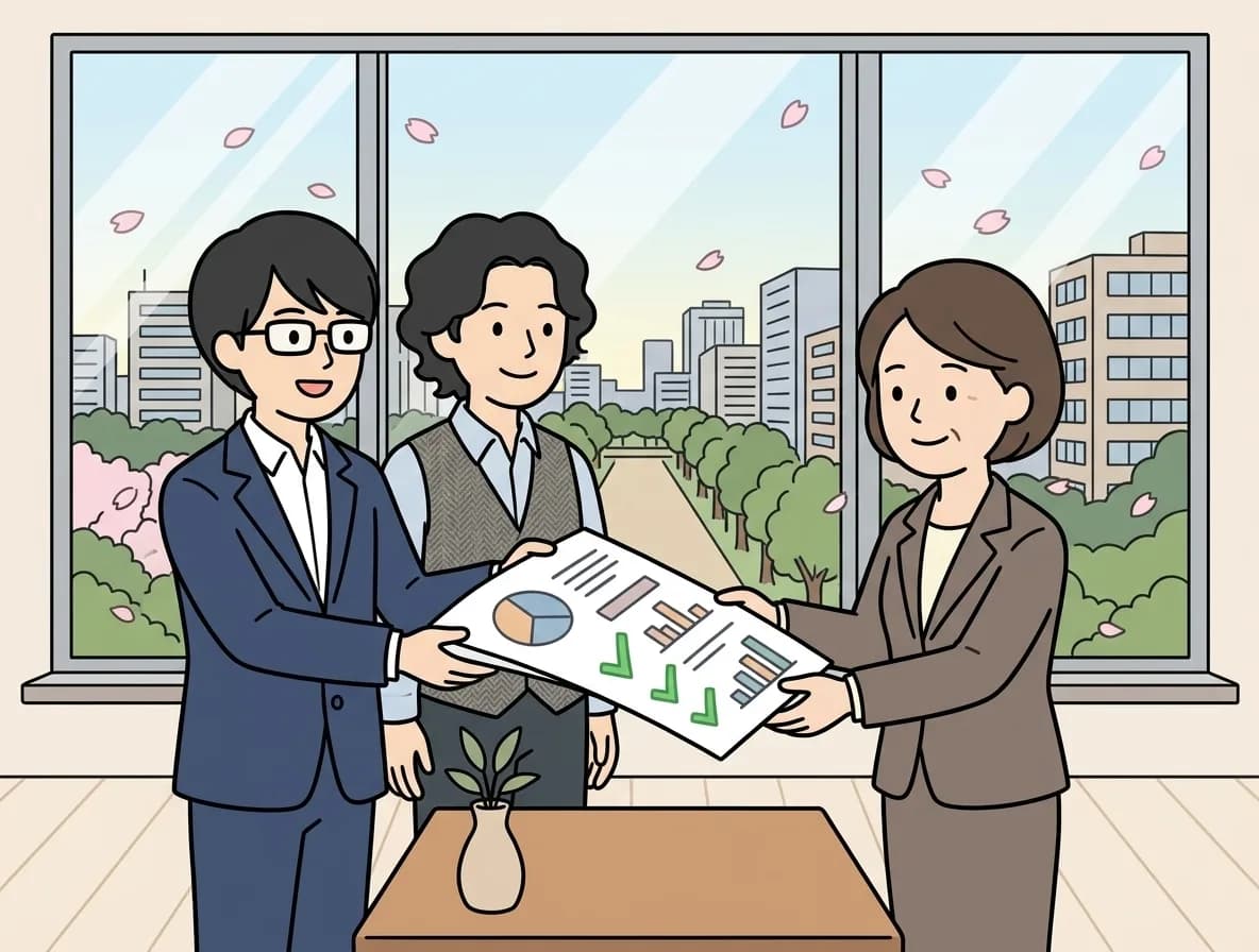 グラフとチェックマークが並ぶ報告書をお客様に手渡し、お客様が安心した表情で受け取っている様子を表すイラスト
