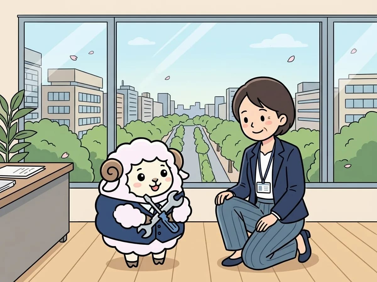工具アイコンを持つ担当者と、安心した笑顔を見せるお客様の様子を表すイラスト