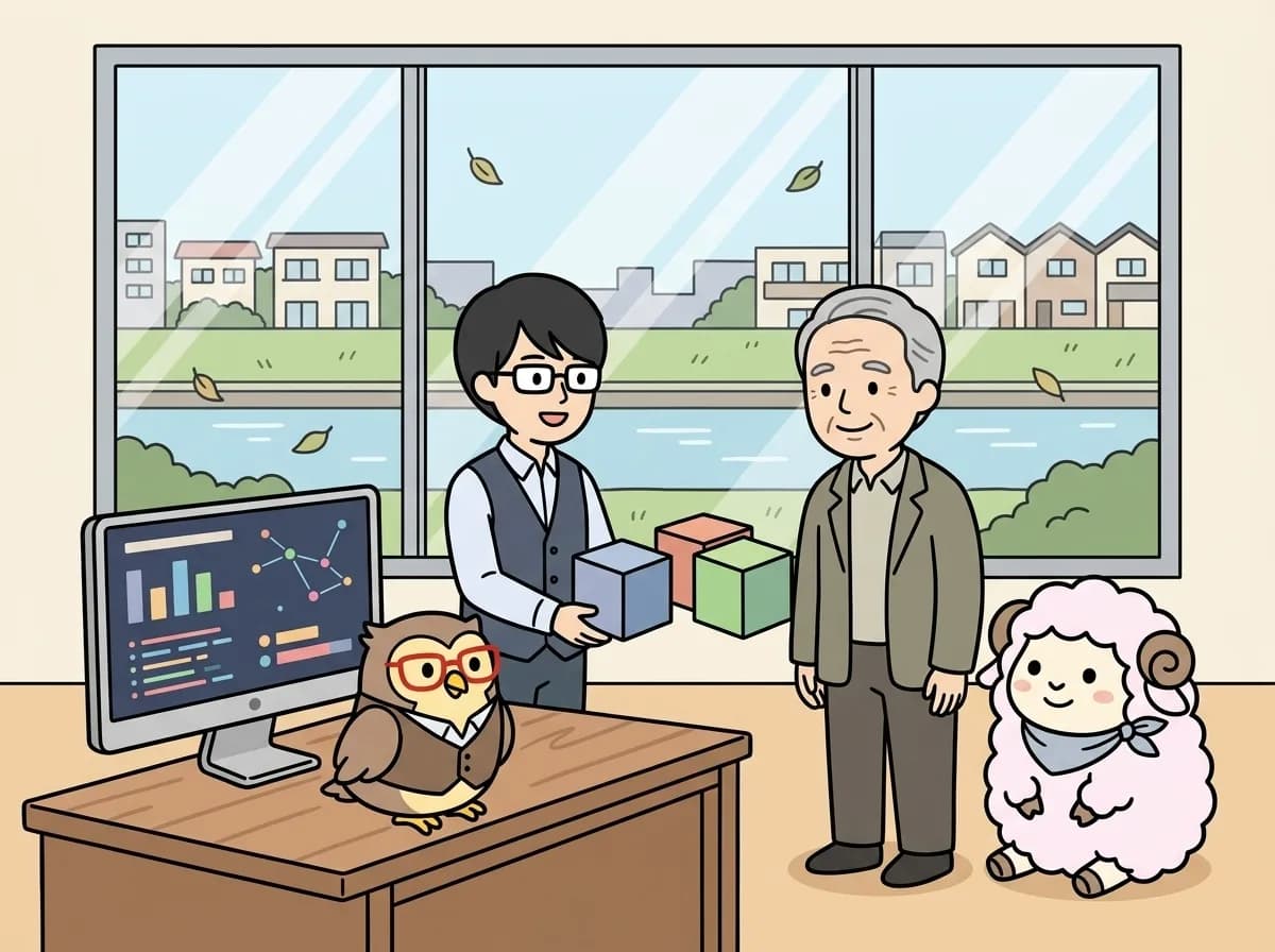 2つのブロックを並べて新旧システムを説明する担当者と、安心した表情で見るお客様の様子を表すイラスト