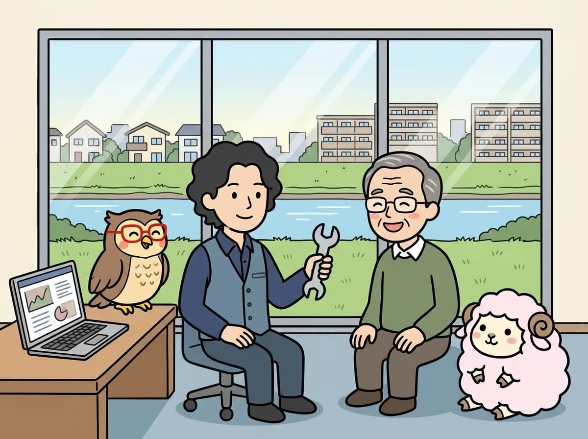 工具アイコンを持つ担当者と、安心した笑顔を見せるお客様の様子を表すイラスト